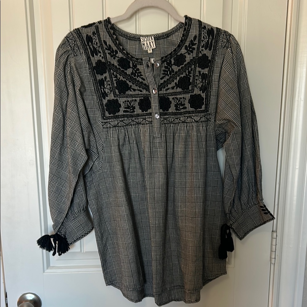 Sister Mary Black and Gray Embroidered Blouse